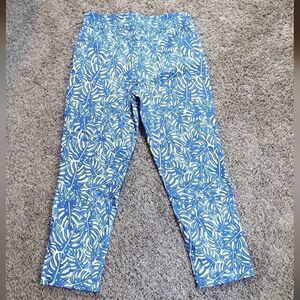 Thin Her Women's Size 14 Blue White Tropical Leaf Pattern Stretchy Pants